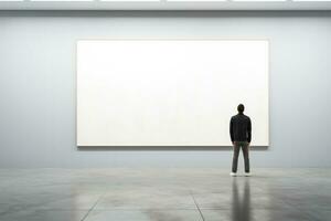 Individual contemplating art in desolate gallery background with empty space for text photo