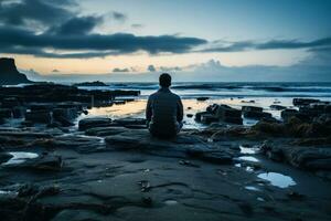 Distressed individual sitting alone displaying sadness on an eerily quiet beach photo