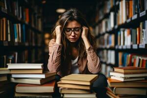 Sad woman amidst books in a quiet bookstore background with empty space for text photo