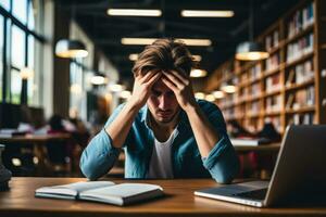 University student alone in library showing signs of stress background with empty space for text photo