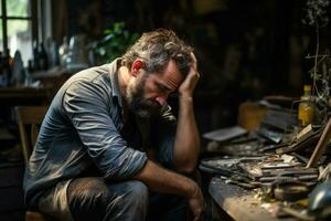 Depressed artist in unkempt workshop visibly grappling with emotional turmoil photo