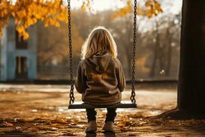 Child sitting alone on park swing reflecting noticeable emotional distress photo