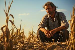 Downcast farmer in vast barren field isolated on a gradient background photo