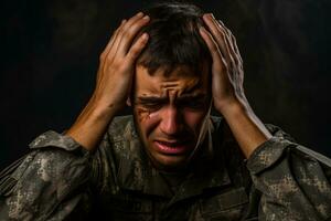 Soldier showing emotional distress in military environment isolated on a gradient background photo