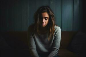 Depressed young woman in dimly lit room background with empty space for text photo