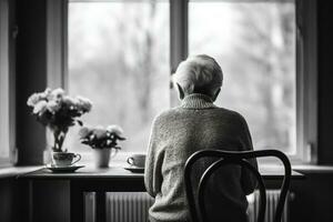 Elderly person in domestic solitude displaying profound loneliness and sorrow photo