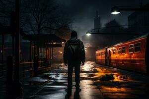 Lone figure battling internal turmoil at an empty dimly lit station photo