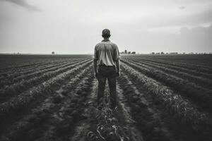 Depressed farmer standing alone in vast unproductive agricultural fields under grayscale sky photo