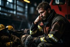 Exhausted firefighter in empty fire station background with space for text photo