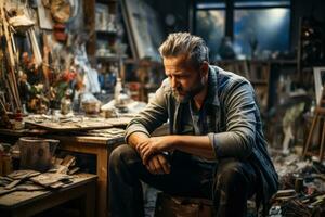 Depressed artist in unkempt workshop visibly grappling with emotional turmoil photo