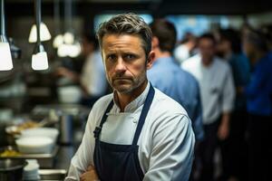 Chef somberly contemplates amidst the chaos of a busy professional kitchen photo