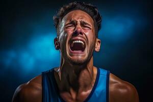 Professional athlete showing despair after lost game isolated on a gradient background photo