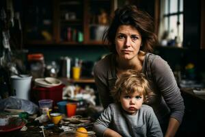 Stressed single mother in cluttered kitchen background with empty space for text photo