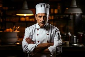 Chef in distress in dimly lit restaurant kitchen background with empty space for text photo