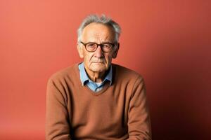 Elderly individual with sad expression alone in home isolated on a gradient background photo