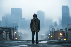 Lonely adult male in gritty cityscape background with empty space for text photo