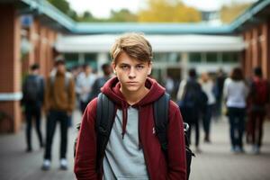 Teenager isolated displaying sadness amidst lively school surroundings photo