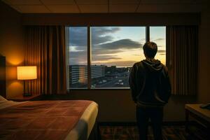Solo traveler looking lost and empty in an impersonal hotel room photo