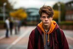 Teenager isolated displaying sadness amidst lively school surroundings photo