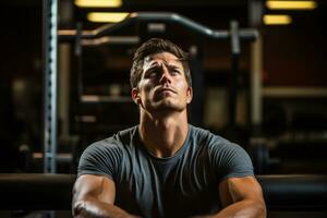 Gym goer sitting dejectedly on bench press background with empty space for text photo