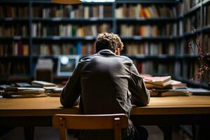 University student alone in library showing signs of stress background with empty space for text photo