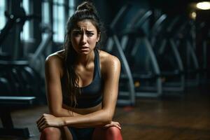 Individual in gym versing emotional upheaval amid sweat weights and mirrors photo