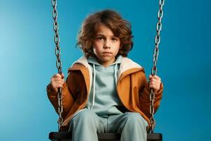 Child sitting alone on playground swing isolated on a gradient background photo