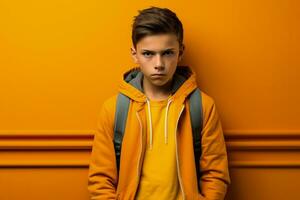 Teenager with gloomy expression in school hallway isolated on a gradient background photo