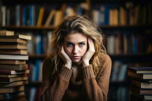 Sad woman amidst books in a quiet bookstore background with empty space for text photo