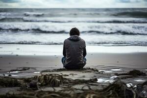 afligido individual sentado solo mostrando tristeza en un inquietantemente tranquilo playa foto