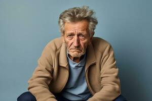 Elderly individual with sad expression alone in home isolated on a gradient background photo