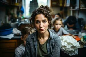 Stressed single mother in cluttered kitchen background with empty space for text photo