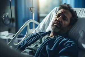 Distraught individual in hospital room reflecting deep emotional despair photo