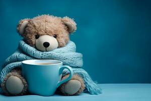 A teddy bear with a cup of coffee wearing a blue scarf, ai generative photo