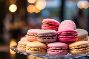 Colorful macarons are arranged in a shop display AI Generative photo