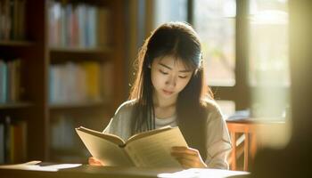 asian girl reading a book in the library photo