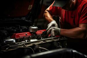 experto mecánico trabajando en automotor reparar tienda ai generativo foto