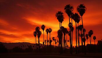dramático palma árbol silueta de Desierto puesta de sol generativo ai foto