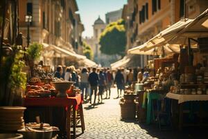 un foto de un bullicioso calle mercado en Roma ai generativo