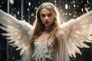 Innocent Young girl with Long Blond Hair with angel wing AI Generative photo