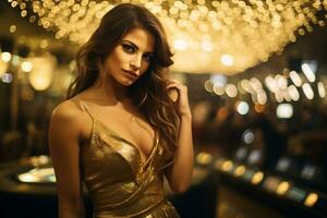 un joven mujer esmeradamente vestido en un oro vestir en el casino ai generativo foto