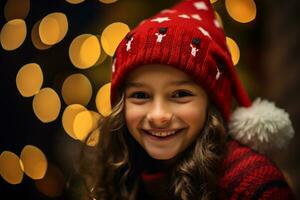 alegre niña disfrutando Navidad celebracion en invierno atuendo ai generativo foto