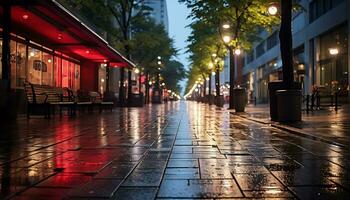 sidewalk at night after rain with wet streets Ai Generative photo