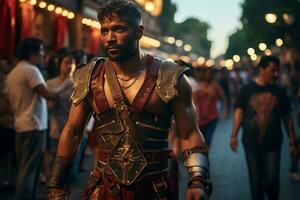 un calle ejecutante vestido como un romano gladiador un foto de un corredor corriendo mediante un ciudad parque ai generativo