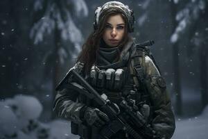 a female soldier is on duty in a snowy place Ai Generative photo