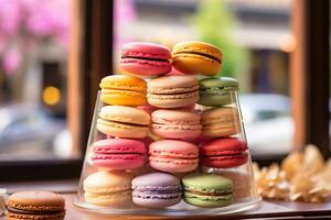 Colorful macarons are arranged in a shop display AI Generative photo