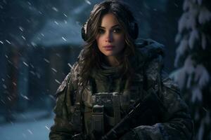 a female soldier is on duty in a snowy place Ai Generative photo