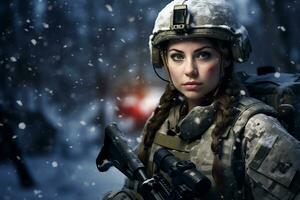 a female soldier is on duty in a snowy place Ai Generative photo