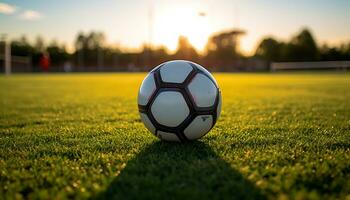 Photo of a ball in the middle of a soccer field Generative AI