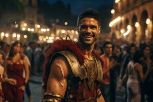 un calle ejecutante vestido como un romano gladiador un foto de un corredor corriendo mediante un ciudad parque ai generativo